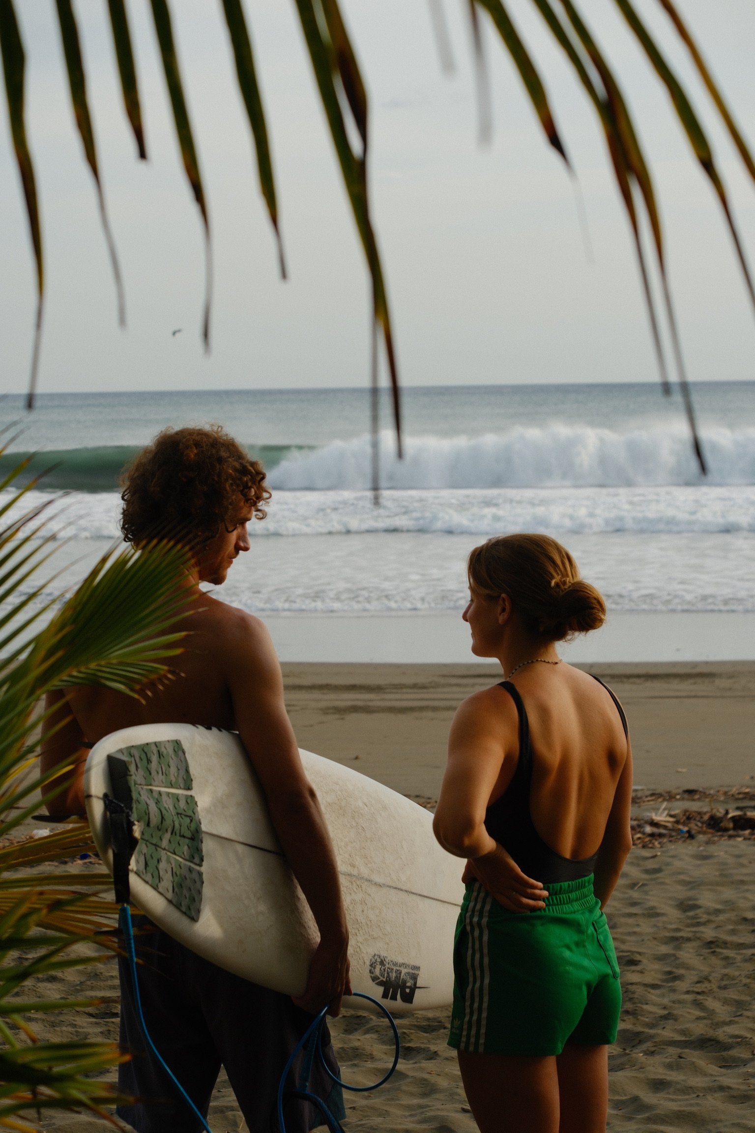 Ben and Alena watching the surf beneath palm fronds