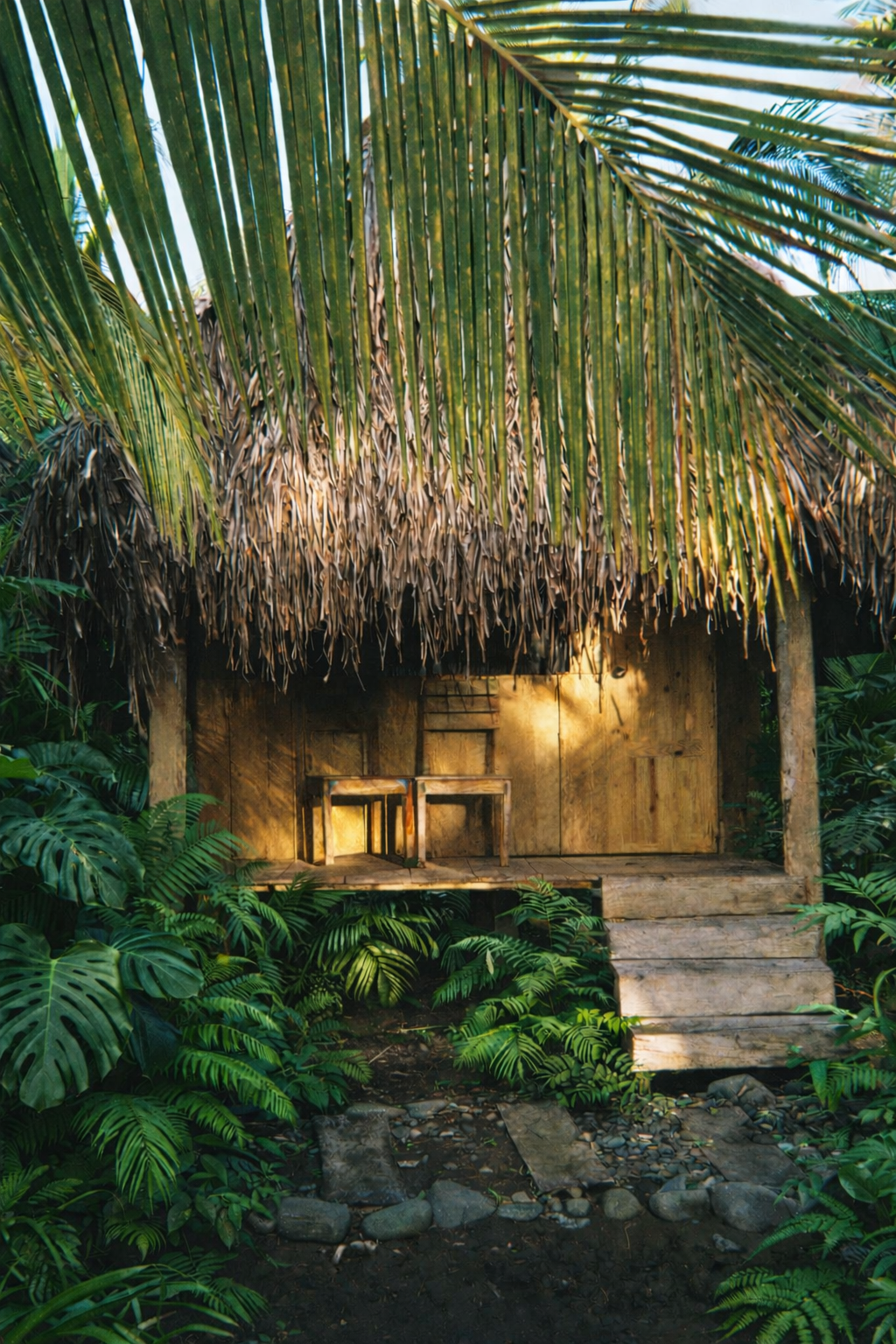 Thatched open-air jungle hut with a palm-shaded porch at Casa Morrillo
